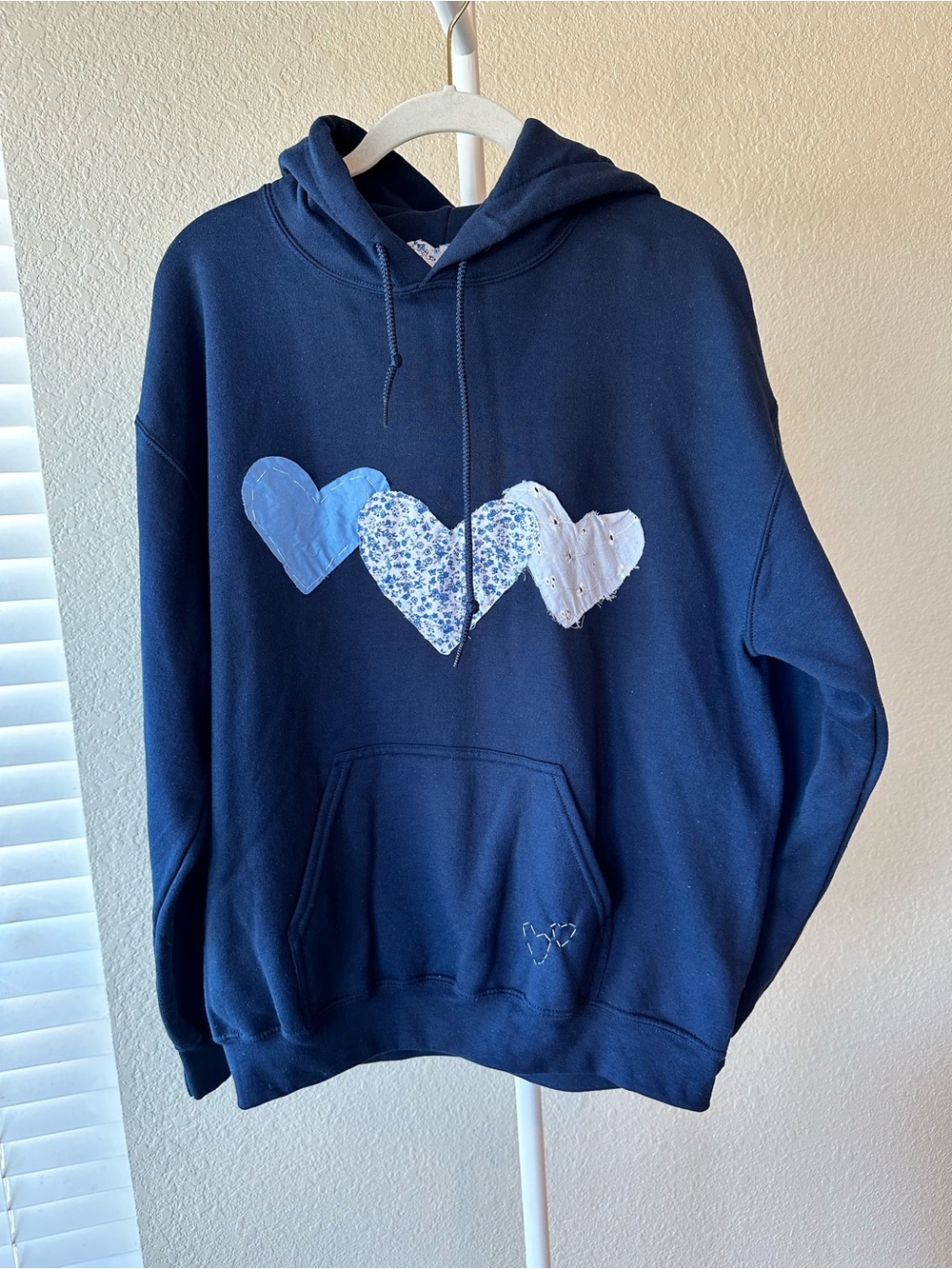Three hearts custom patchwork hoodie sweatshirt navy blue size medium
